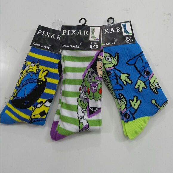 Disney Pixar Toy Story socks set three pair Buzz Lightyear/aliens size 9-13 crew - Picture 1 of 5